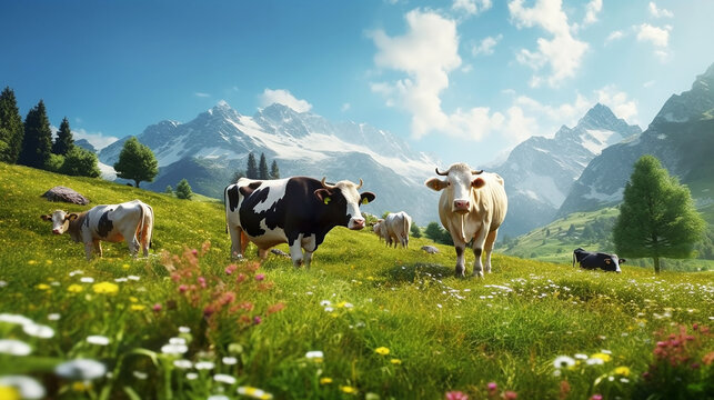 swiss cows are grazing in a flowery meadow, and pine trees at the swiss alps landscape