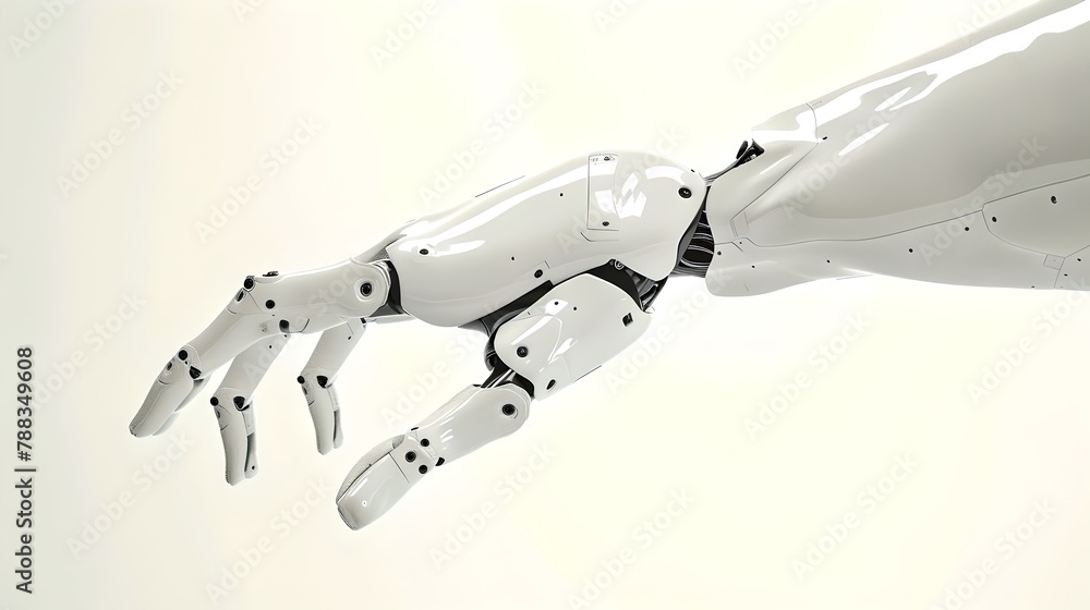 Poster close-up of a robotic hand, futuristic white android limb. conceptualizing ai technology and advance