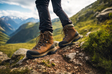 The legs of a man traveler going in hiking shoe for cross-country travel. Green highland on background. Generative AI. - obrazy, fototapety, plakaty