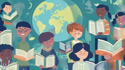 Language learning illustration of students learning AI generated