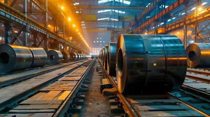Fototapeta na wymiar Industrial Steel Manufacturing Plant Interior. Large Steel Coils on the Production Line. Manufacturing Industry Scene with Lighting. AI