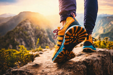 The legs of a woman traveler going in hiking sneakers shoes for cross-country travel. Back view. Highland with sun light on background. - 788349845