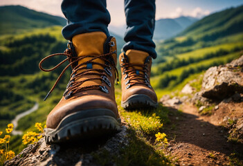 The legs of a man traveler going in hiking shoe for cross-country travel. Front view. Green highland on background. Generative AI.