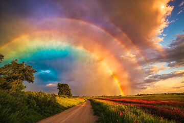 Triple rainbow on the horizon in the sky after rain. Dirt road on meadow with blooming summer wildflowers.