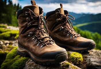 Hiking shoes for cross-country travel. Boots close up stands on highland rocks. Generative AI.