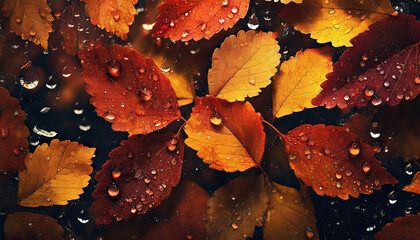 Autumn leaves with water drops, colorful seasonal background, fall - obrazy, fototapety, plakaty