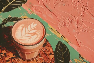 A closeup of a latte coffee with an intricate foam art design on a rustic wooden table - obrazy, fototapety, plakaty