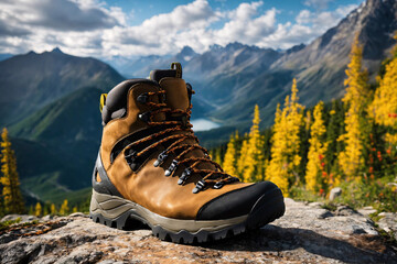 Hiking shoe for cross-country travel. Boot close up on highland rock. Generative AI. - 788350209