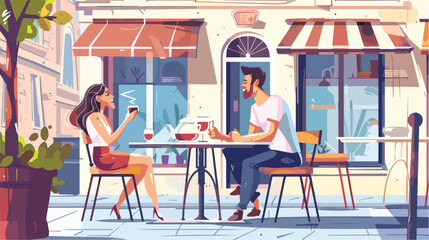 Couple dating and having breakfast outdoor restaurant - obrazy, fototapety, plakaty