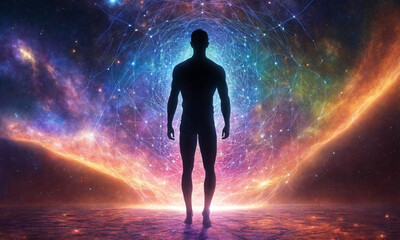 Naklejka premium Colorful connection between human and universe - We are all connected - AI generated