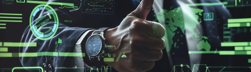 A closeup view of a businessmans hands making a thumbsup gesture, focusing on the details of his watch and suit - obrazy, fototapety, plakaty