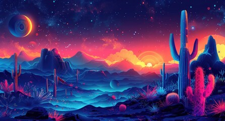 Moonlit Desert Landscape With Cacti