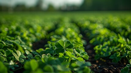 Lucky Clover Amidst Verdant Fields. Concept Nature Photography, Irish Heritage, Lucky Charms, Clovers, Lush Landscapes - obrazy, fototapety, plakaty