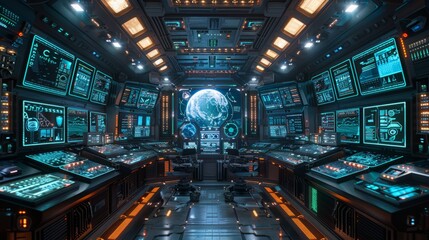 A futuristic space station with a large screen showing a planet