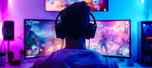 a gamer is sitting in front of a large monitor with headphones, he is an esportsman, a guy of European appearance is shot from the back, a silhouette in headphones against the background of a monitor