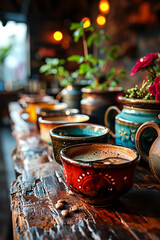 Coffee Aroma in the Morning: Freshly brewed coffee scene. Coffee cups close-up on wooden cafe counter.