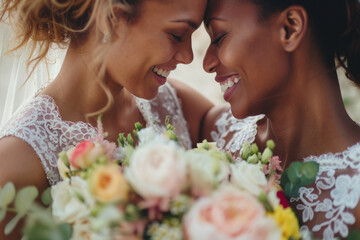 Joyous multiethnic lesbian pair captured on their wedding day