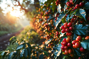Coffee Plantation:close-up of coffee beans growing on the coffee tree. - obrazy, fototapety, plakaty