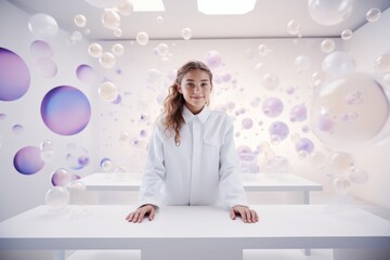 A beautiful white haired woman is advertising the new models and colors of her product, and demonstrating how to use the product, in a white background room. Generative AI.