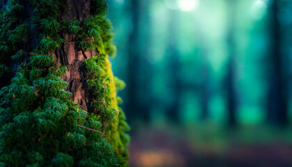 Green moss on the tree, forest and nature details close up, spring in woods.