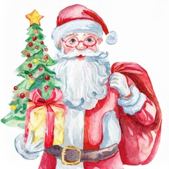Święty Mikołaj z prezentami i workiem ilustracja - obrazy, fototapety, plakaty