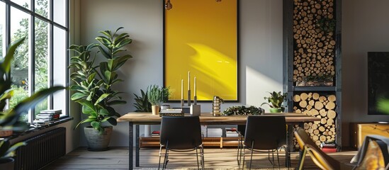 A contemporary dining room interior featuring a dining table, black chairs, a yellow poster, plants, and a firewood log rack.