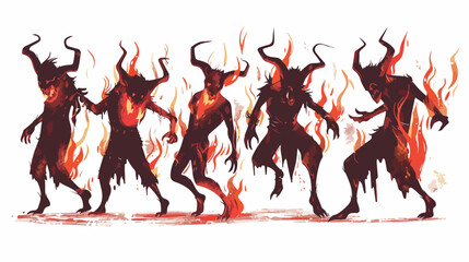 Dancing red devils walking around. Demon devil or sat - obrazy, fototapety, plakaty