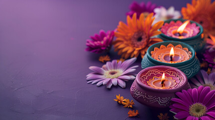 Obraz na płótnie Canvas Colorful clay diya lamps with flowers on purple background, generative ai