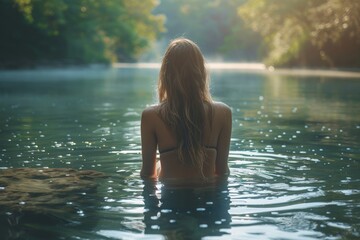 Woman immersing herself in a serene natural pool, feeling rejuvenated amidst nature's embrace