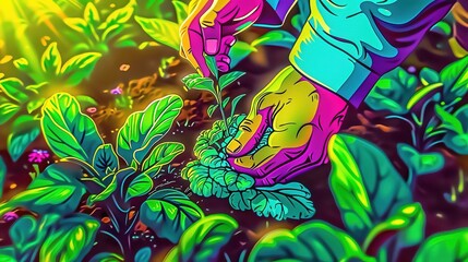 A gardener tends to organic vegetables in a lush garden, ensuring no chemicals are used, closeup