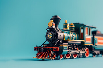 Fototapeta premium A classic locomotive toy train, isolated on a nostalgic playtime blue background, recalling the joy of childhood wonder