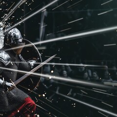 A historical reenactment featured a closeup of a medieval knight swinging his sword, the metal clashing against his opponents shield in a burst of sparks