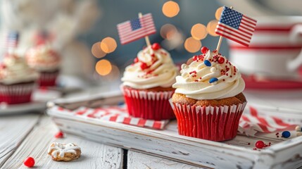 A playful composition featuring two small USA flag toothpicks inserted into cupcakes or hors d'oeuvres on a white wooden serving platter, perfect for patriotic-themed parties and events. - Powered by Adobe