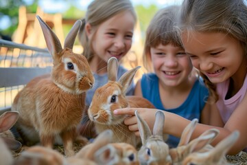 Kids giggle with delight as they gently pet and play with friendly rabbits at an outdoor petting zoo