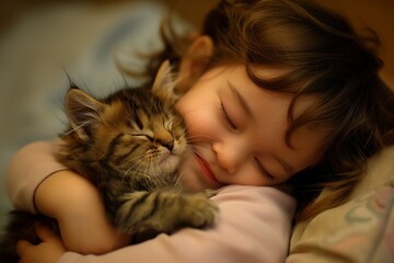 Heartwarming photo capturing a joyful toddler hugging a sleepy kitten