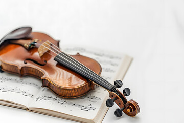 Fototapeta premium A professional violin bow resting on sheet music, isolated on a classical concerto white background, setting the stage for symphony 