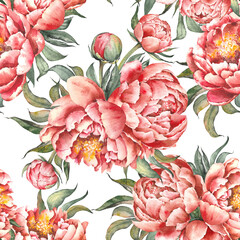 Seamless pattern with pink peony flowers. Hand painted floral illustration. Watercolor painting.
