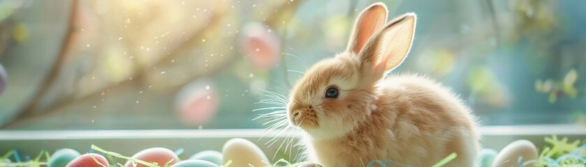 Easter rabbit, fluffy texture, pastel colors, soft light, joyful,  - obrazy, fototapety, plakaty