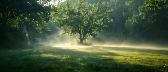 Misty Sunrise Over Serene Summer Meadow. Concept Nature Photography, Landscape Scenery, Atmospheric Elements