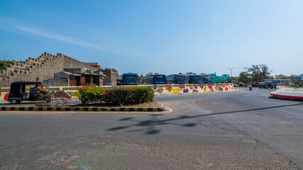 Diu bus depot is the lifeline of the island of Diu. It connects state of Gujarat to Union Territory of Diu Daman. - obrazy, fototapety, plakaty
