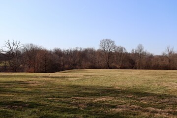 The empty country meadow on a sunny winter day.