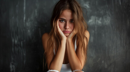 Naklejka premium Contemplative Young Woman Against Dark Backdrop
