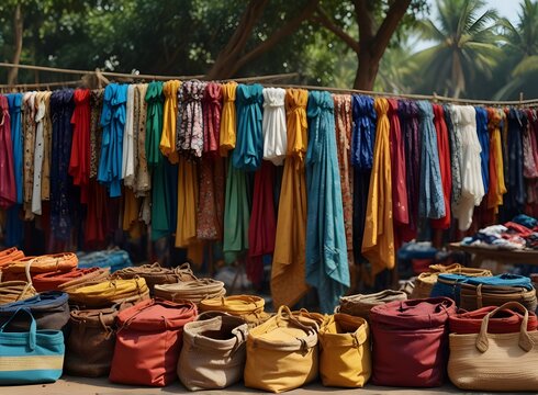 4k video, Flea market in Goa,India where many items such as bags are seen for sale.The bags are displayed on tables or hanging on racks, and they come in all different styles and sizes.
