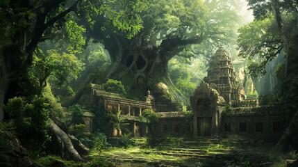 A fantastical jungle teeming with exotic flora and fauna, where massive trees intertwine to form a lush canopy overhead, and hidden ruins hold the secrets of ancient civilizations long forgotten