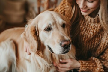 Shared moments. Back view of female blonde caressing furry dog behind ears during leisure time at cozy apartment. Young woman and golden retriever enjoying bonding interaction together during daytime.