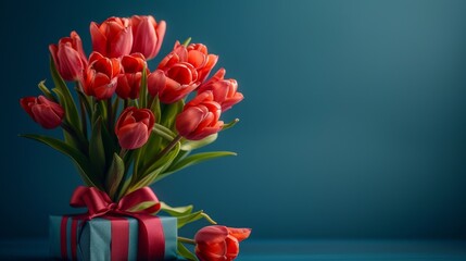 An elegant representation of a child's gesture of a kiss towards a bouquet of tulips and a gift, set against a classy deep blue background, text space available at the top
