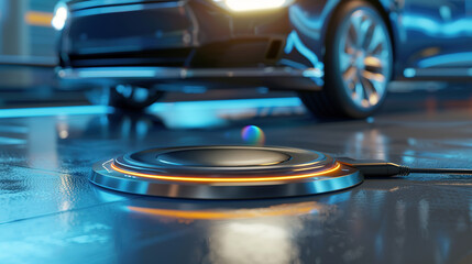 An electric car charging on a wireless pad with ambient lighting.