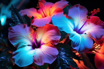 Exotic Neon flowers plant. Art light. Generate Ai