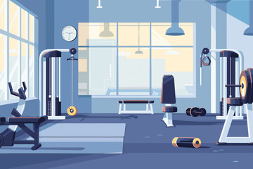 Well-equipped modern gym with daylight. - obrazy, fototapety, plakaty