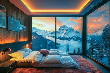 Alpine Bedroom with Panoramic Snowy Mountain View